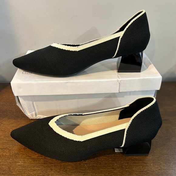 Womens Breathable Knit Chunky Heels Elegant Pointed Toe Black & White Trim 42=10 - Picture 2 of 6
